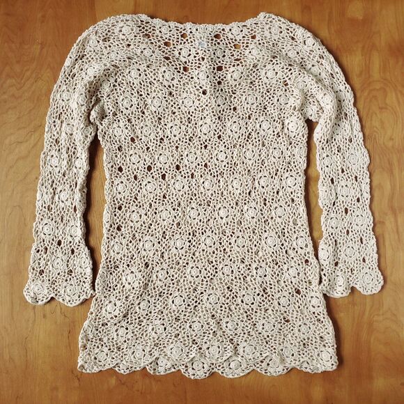 Crochet Sweater Sz M Beige Tunic Cottage Whimsical Floral Grandma Doily Boho - Picture 6 of 9